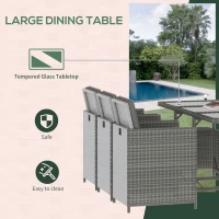 Outsunny 11 Pieces Outdoor Dining Set for 10, Space Saving Wicker Chairs and Glass Table with Cushions and Ottomans, Rattan Conversation Patio Furniture Set for Garden Backyard Deck, Dark Gray(m-5)