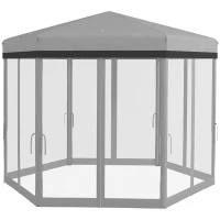 Outsunny 12'x12' Pop Up Canopy, Hexagon Gazebo with Netting, Carry Bag, Height Adjustable Instant Shelter, Grey(m-2)