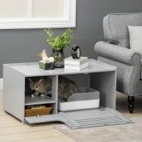 PawHut Cat Litter Box Enclosure with Spacious Interior, Cat Washroom Storage End Table for Indoor Cats with Hidden Storage Cabinet Space, Elevated Bottom, Grey(m-2)