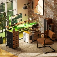HOMCOM Computer Desk with Power Outlets and LED Lights, 67" Computer Table with File Cabinet and Fabric Drawers, Rustic Brown(m-10)