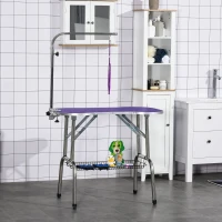PawHut 37" Foldable Pet Grooming Table Dog Drying Table with Adjustable Arm Non-Slip Rubber Tabletop Aluminium Alloy Edge Stainless Steel Bar Hanging Leash Purple(m-1)