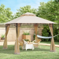 Outsunny 10' x 10' Double Tier Garden Gazebo Canopy Outdoor Sunshade Tent Water-Resistant Anti-UV Roof with Metal Frame and Mesh Sidewalls, Beige