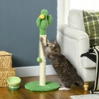 PawHut 33" Cactus Cat Scratching Post for Indoor Cats, Sisal Cat Scratcher with Hanging Ball, Green(m-8)
