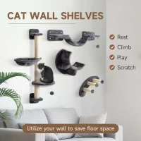 PawHut Cat Wall Shelf with Scratching Post, Play Balls, Platforms, Dark Grey(m-4)
