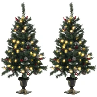 HOMCOM 4FT Pre-Lit Decorated Christmas Tree with Red Berries and Pine Cones Snow Flocked Christmas Tree with LED Lights Green(m-11)