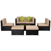 Outsunny 7pcs Wicker Rattan Sectional Set Outdoor Patio Sofa Table Footstools Set Garden Furniture with Cushions, Khaki(m-11)