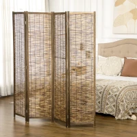 HOMCOM Hand Woven Room Divider, 4 Panel Folding Privacy Screen, Indoor Reed Partition Wall, 63"x67"x0.75", Brown(m-10)