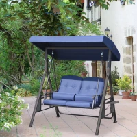 Outsunny 2-Person Patio Swing Bench with Adjustable Shade Canopy, Soft Cushions, Throw Pillows and Tray, Dark Blue(m-2)