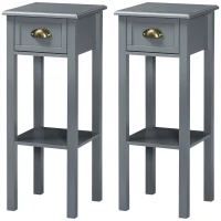 HOMCOM Bedside Table Set of 2, Narrow Side Table with Drawer and Shelf, 2 Tier Tall Nightstand for Bedroom, Grey(m-11)