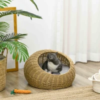 PawHut Rattan Cat Bed with Washable Cushion for Cats, Puppies, Light Brown(m-10)