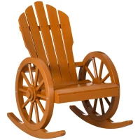 Outsunny Wooden Rocking Chair, Adirondack Rocker Chair w/Slatted Design and Oversized Back, Outdoor Rocking Chair with Wagon Wheel Armrest for Porch, Poolside, and Garden, Teak(m-11)