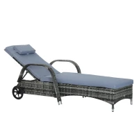 Outsunny Wicker Chaise Lounge, Outdoor Lounge Chair, PE Rattan Patio Sun lounger with Head-rest, 5-Level Height Adjust Backrest, Cushion, & Wheels, Mixed Grey and Grey(m-11)