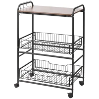 HOMCOM Rolling Kitchen Cart, 3-Tier Utility Storage Cart with 2 Basket Drawers & Side Hooks, Lockable Casters for Dining Room(m-14)