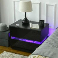 HOMCOM Modern Nightstand, Bedside Table with 2 Drawers, USB Powered RGB LED Lights, Remote for Bedroom, Black(m-7)