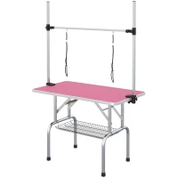 PawHut Adjustable Dog Grooming Table with 2 Safety Slings, Storage Basket, Pink(m-2)