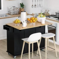 HOMCOM Mobile Kitchen Island with Drop Leaf, Storage Trolley Cart on Wheels, Towel/Spice Rack, 3 Drawers, 2-Door Cabinet, Black(m-10)