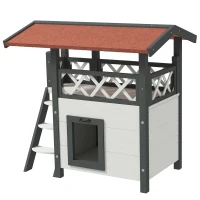 PawHut Wooden 2-Story Shelter for Feral Cats with Asphalt Roof, Stairs, Balcony, 30" x 20" x 29", White(m-2)