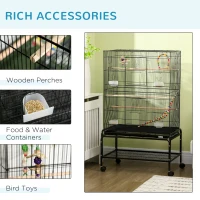 PawHut 52" Bird Cage with Rolling Stand, Toys, for Budgies Canaries Black(m-5)
