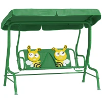 Qaba Kids Patio Swing Chair with Adjustable Canopy, Safety Belt for Patio, Garden, Poolside, Balcony, Dark Green(m-11)