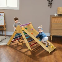 Qaba Pikler Triangle Set, 3 in 1 Climbing Toys with Ramp for Toddlers, Nature Wood(m-9)