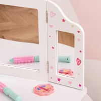 Qaba Kids Vanity Table and Stool, Makeup Vanity Girls Dressing Table Set with Tri-folding Mirrors Drawer Star and Heart Pattern, White(m-9)
