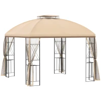 Outsunny 10' x 10' Patio Gazebo with Corner Shelves, Double Roof Outdoor Gazebo Canopy Shelter with Removable Mesh Netting, for Garden, Lawn, Backyard and Deck, Beige(m-1)