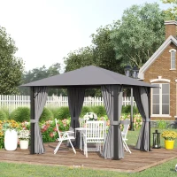 Outsunny 10' x 10' Patio Gazebo Aluminum Frame Outdoor Canopy Shelter with Sidewalls, Vented Roof for Garden, Lawn, Backyard, and Deck, Gray(m-10)