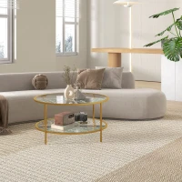 HOMCOM Side Table with Storage, 32" Round End Table, 2-Tier Tempered Glass Coffee Table with Steel Frame for Living Room, Gold(m-7)