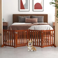 PawHut Foldable Dog Gate with Door, 4 Panels Fressstanding Pet Gate, Brown(m-8)