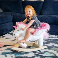 Qaba Baby Rocking Horse, Plush Animal Rocker for Toddlers Aged 18-36 Months, Stuffed Ride Toy with Sounds, Seat Belt, White and Pink(m-8)