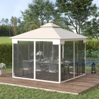 Outsunny 10'x10' Soft-top Patio Gazebo with Double Tier Roof, Mesh Curtains, Display Shelves, Top Hooks, Cream(m-8)