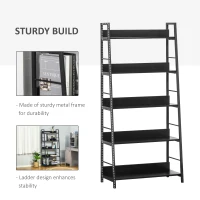 HOMCOM Modern Bookshelf Storage with 5-Tier Wide Shelving, Metal Frame, Wooden Bookcase for Living Room Library Home Furniture, Black(m-6)