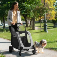 PawHut 4 Wheel Pet Stroller with Storage Basket, Afjustable Handle, Ventilated Oxford Fabric for Medium Size Dogs Cat Grey(m-1)