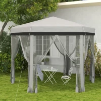 Outsunny 12'x12' Pop Up Canopy, Hexagon Gazebo with Netting, Carry Bag, Height Adjustable Instant Shelter, Grey(m-1)