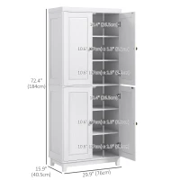 HOMCOM 72.5" Kitchen Cabinet, Pantry Storage Cabinet with 4 Doors and 2 Adjustable Shelves for Dining Room, White(m-3)