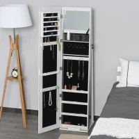 HOMCOM Mirror Jewellery Cabinet Armoire, Lockable Jewellery Organizer with Full-Length Mirror, LED Lights, Standing Jewellery Armoire in White Wood(m-8)