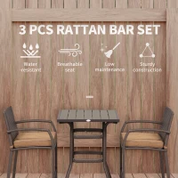 Outsunny 3 PCS Rattan Wicker Bar Set with Wood Grain Top Table and 2 Bar Stools for Outdoor, Patio, Poolside, Garden, Brown(m-4)