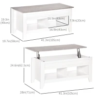 HOMCOM Lift Top Coffee Table with Hidden Storage Compartment and Open Shelves, Lift Tabletop Pop-Up Center Table for Living Room, White(m-3)