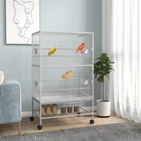 PawHut 52" Large Rolling Steel Bird Cage Bird House with Rolling Stand, Storage Shelf, Wood Perch, Food Container, Grey(m-1)