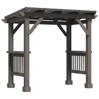 Outsunny 8' x 5' BBQ Grill Gazebo with 2 Side Shelves, Outdoor Hardtop Barbecue Barrier with Slanted Steel roof, Solid Wood Frame(m-1)