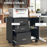 HOMCOM Modern Lateral Filing Cabinet, 3 Drawer File Cabinet for Letter and A4 Size Documents, Mobile, Printer Stand with Open Shelves, Rolling Wheels, Black(m-4)