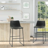 HOMCOM Bar Height Bar Stools Set of 2, Vintage PU Leather Bar Chairs, Kitchen Stools with Footrest for Home Bar, Dark Grey(m-1)
