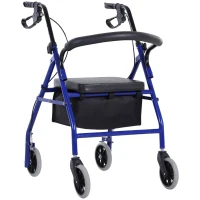 HOMCOM Folding Aluminum Rollator Walker with Adjustable Handle Height, Cushioned Flip Up Seat and Convenient Storage Bag, Rolling Wheels with 2 Barker, Blue(m-2)