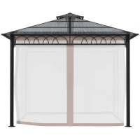 Outsunny 9' x 10' Outdoor Hardtop Gazebo Canopy w/ Double PC Roof, Steel Frame, Nettings, Curtains for Garden Lawn Deck, Khaki(m-10)