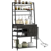 HOMCOM Industrial Kitchen Shelves with Charging Station and LED Lights, Kitchen Storage Rack with Barn Door, Distressed Gray(m-1)