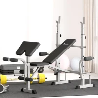 Soozier Bench Press Set Adjustable Weight Bench with Squat Rack, Preacher Curl Pad, Leg Developer and Weight Storage, Grey(m-1)