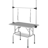 PawHut Adjustable Dog Grooming Table with 2 Safety Slings, Storage Basket, Grey(m-2)