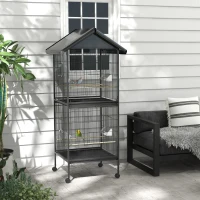 PawHut Wrought Metal Bird Cage Feeder with Rolling Stand Perches Food Containers Doors Wheels 67" H, Black(m-8)