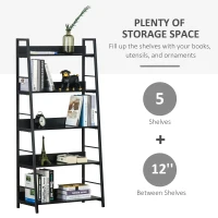 HOMCOM Modern Bookshelf Storage with 5-Tier Wide Shelving, Metal Frame, Wooden Bookcase for Living Room Library Home Furniture, Black(m-5)
