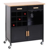 HOMCOM Portable Kitchen Trolley with Bamboo Top Storage Cabinet and Wine Rack (Black )(m-11)